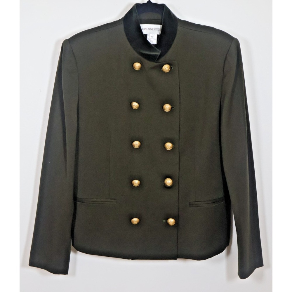 Jones New York Blazer Size 12 Fitted Military Army Green Wool Mandarin Collar